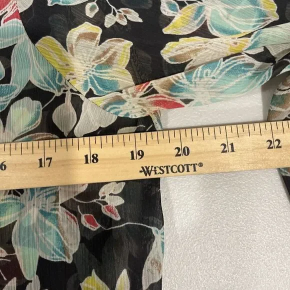American Rag Women Sz L Black Sheer Floral Bouse Round Tie Neck Balloon Sleeve - Picture 8 of 11